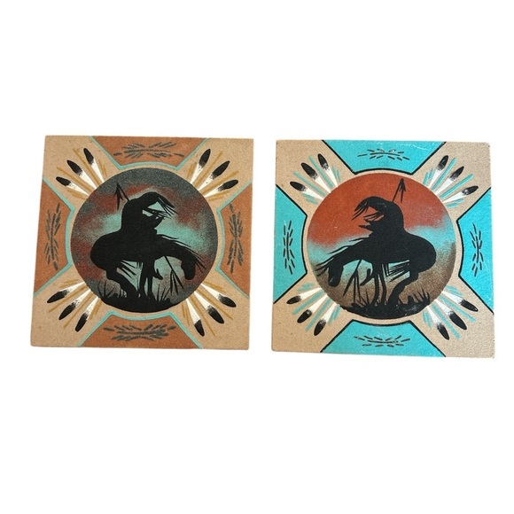 Set of 2 Navajo Sand Paint Art Signed by Yazzie 8"x8" Southwestern Wall Art